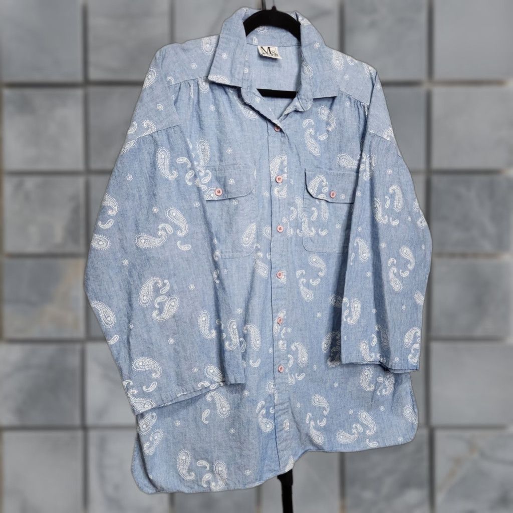 Gloverall VINTAGE Paisley Button Shirt Ms Russ USA Made Blue Unisex Adults L Regular 70s 80s Groovy Button-Up Size L / US 10 / IT 46 - 1 Thumbnail