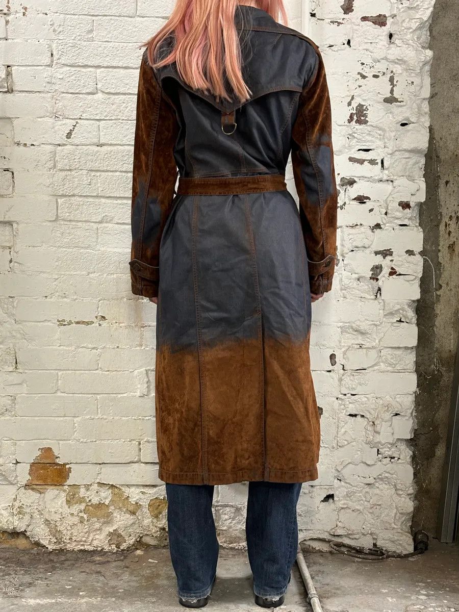 Vintage 2000s Plein Sud Brown Suede Waxed Denim Two-Tone Trench Coat Size M / US 6-8 / IT 42-44 - 3 Thumbnail