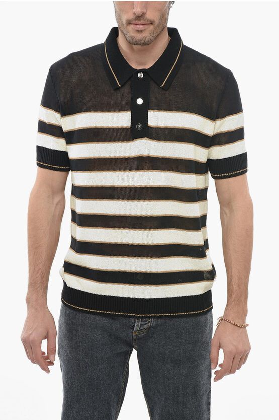 image of Balmain Striped Short Sleeved Polo in Black, Men's (Size Large)
