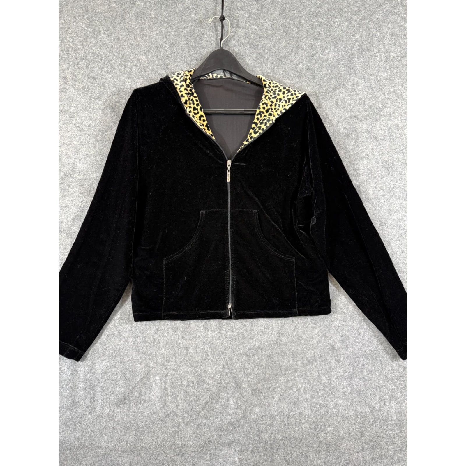 Velvet VINTAGE Carushka Velvet Leopard Jacket Womens M Black Full Zip Hooded USA VTG Size M / US 6-8 / IT 42-44 - 3 Thumbnail