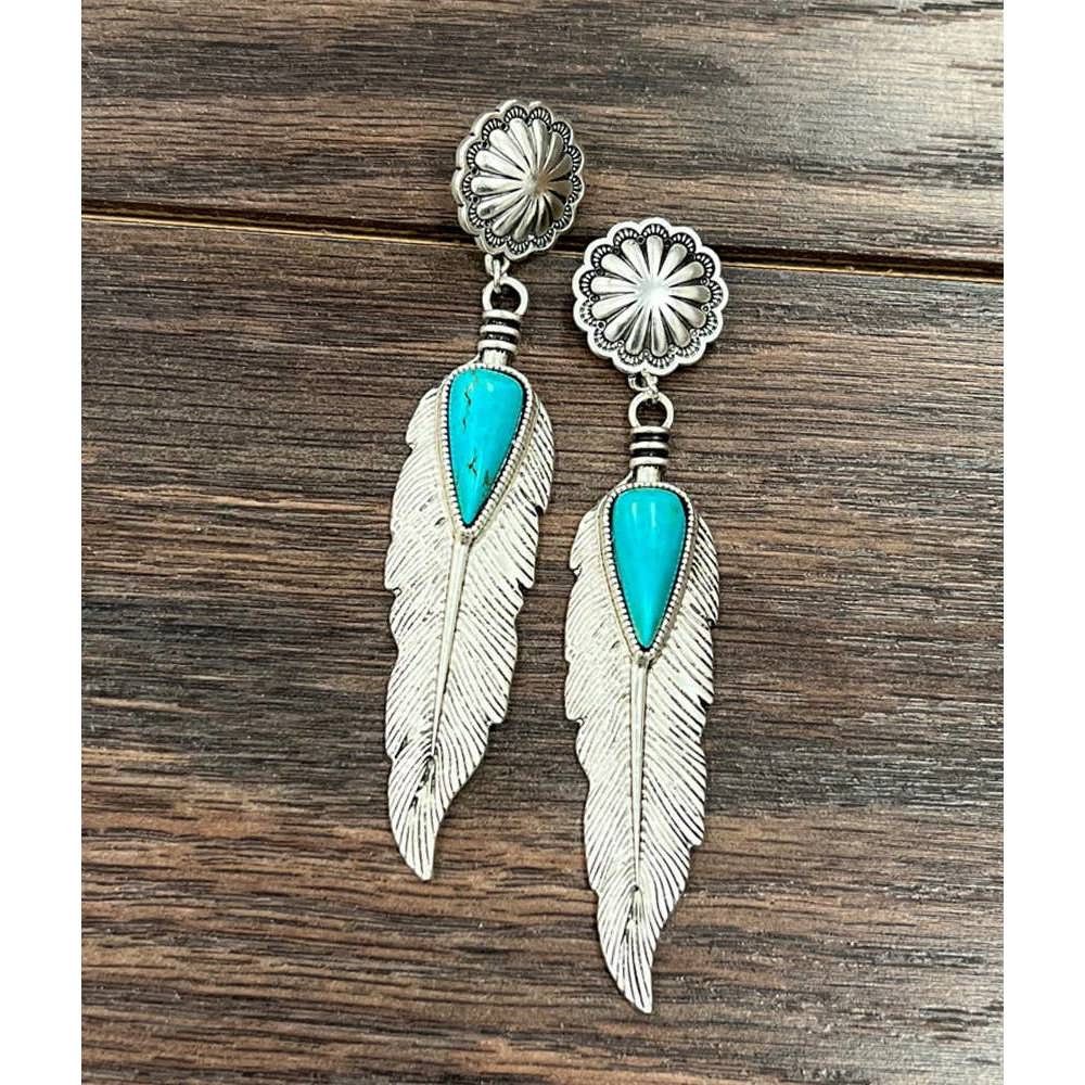 Other Feather Turquoise Post Earrings 4 Inches Long Antique Silver Size ONE SIZE - 1 Thumbnail