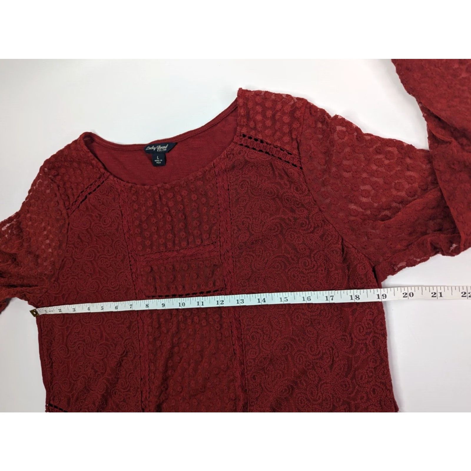 Lucky Brand Lucky Brand Blouse Shirt Long Sleeve Round Neck Red Burgundy Women L Lace Peasant Top Size L / US 10 / IT 46 - 5 Thumbnail