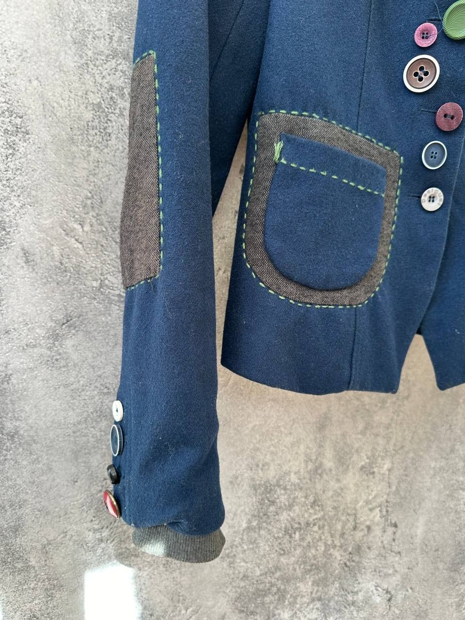 Desigual × Vintage Desigual Patchwork Wool Blazer Navy Blue with Graphic Lining Size XS / US 0-2 / IT 36-38 - 7 Thumbnail