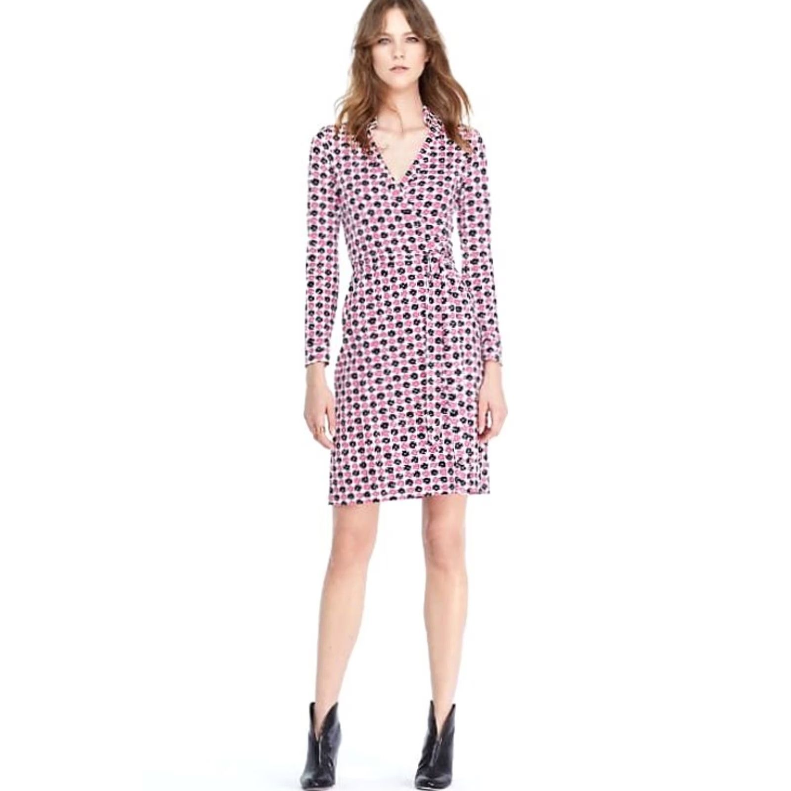 Diane von Furstenberg Diane von Furstenberg Dress Wrap Jersey Pink White Cotton Silk 6 Knee Length V-Neck Long Sleeve Geometric Pattern Womens Girls Mens 2020s? Size M / US 6-8 / IT 42-44 - 2 Thumbnail