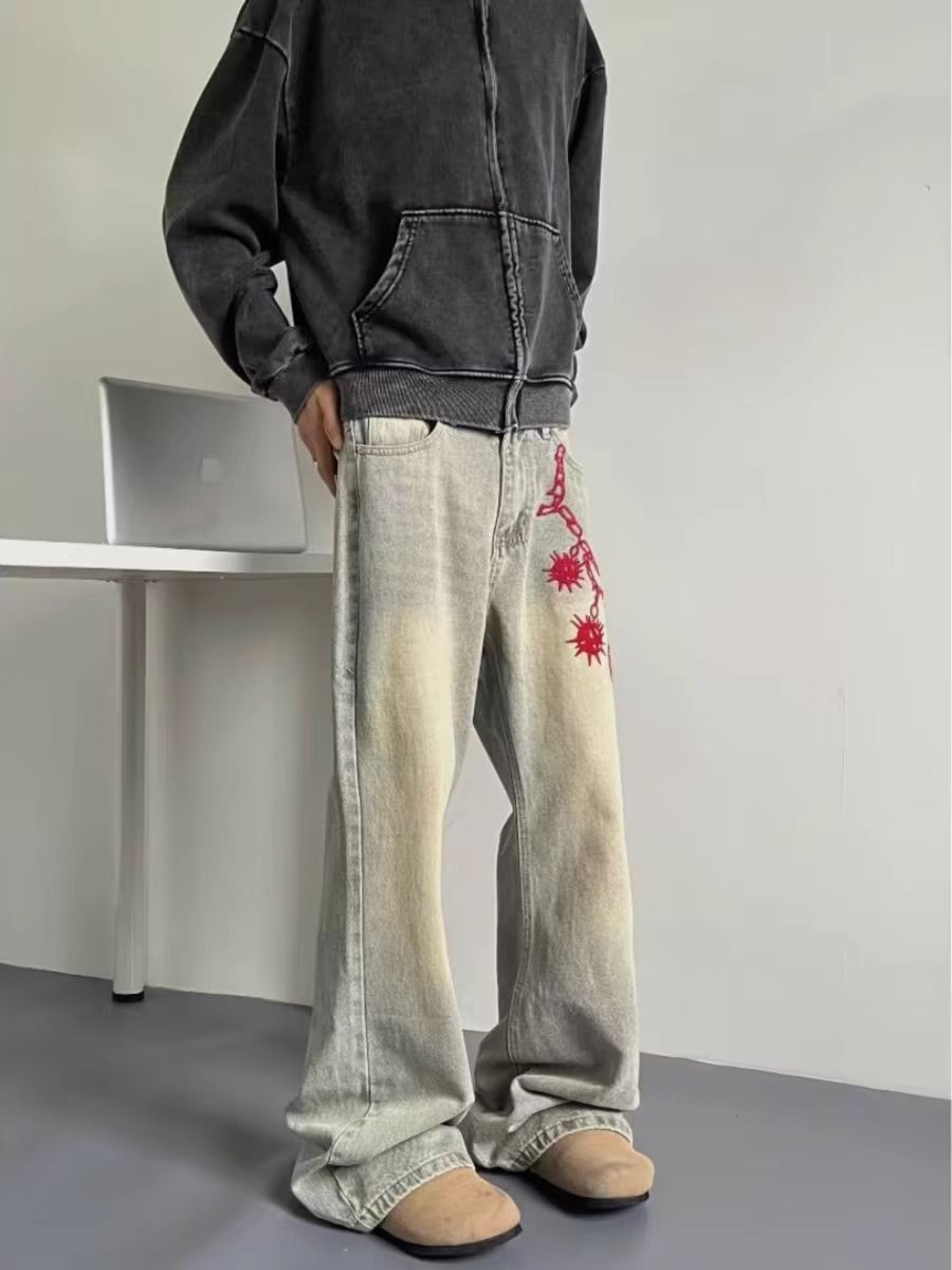 Japanese Brand × Jean Washed and Aged Red Chain Embroidered Street Jeans Size US 32 / EU 48 - 3 Thumbnail