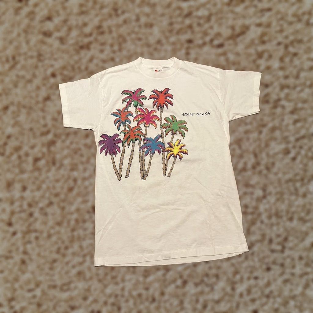 Vintage VINTAGE Miami Beach Florida Single Stitch Neon Palm Trees T-Shirt Adult Large White Signal Cotton USA Vintage - Adult Large Size US L / EU 52-54 / 3 - 1 Thumbnail