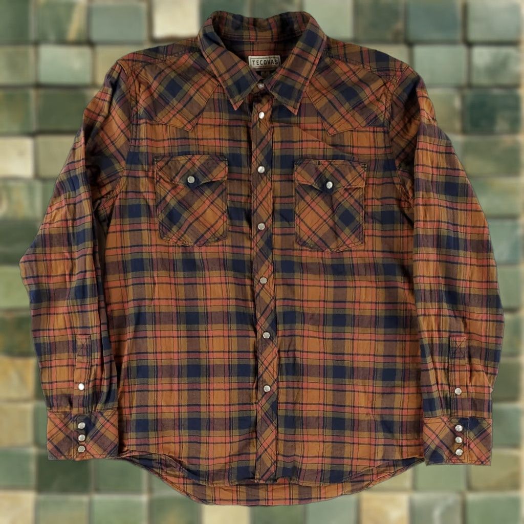 Tecovas Tecovas Pearl Snap Shirt Long Sleeve BrownBlueRed Plaid Mens M Size US M / EU 48-50 / 2 - 1 Thumbnail
