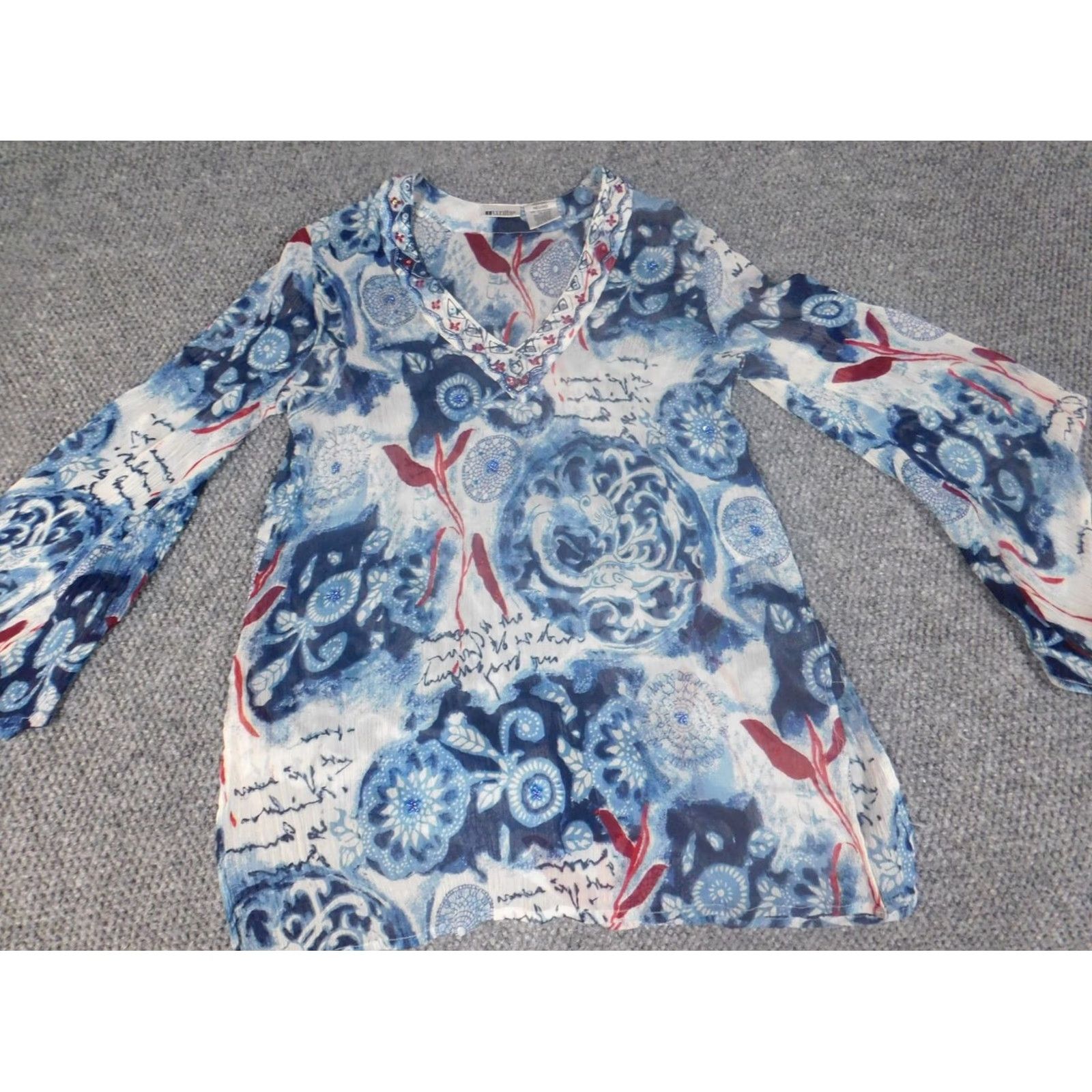 Vintage Crown & Ivy Blouse Women M Blue Floral Knit Polyester Crew Neck Long Sleeve Pullover Casual Regular Vintage No Size M / US 6-8 / IT 42-44 - 4 Thumbnail