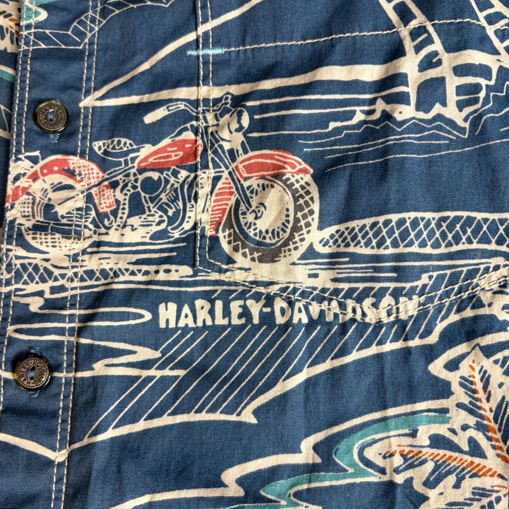 Harley Davidson VINTAGE Harley-Davidson Shirt Hawaiian Blue Floral 2XL Mens Button-Up Short Sleeve Collared Cotton Size US XXL / EU 58 / 5 - 4 Thumbnail