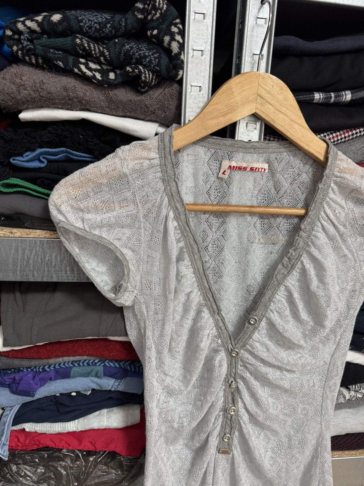 Miss Sixty Miss Sixty Knit Top Ruched Button Y2K Cap Sleeve Tee Size L Size L / US 10 / IT 46 - 2 Thumbnail