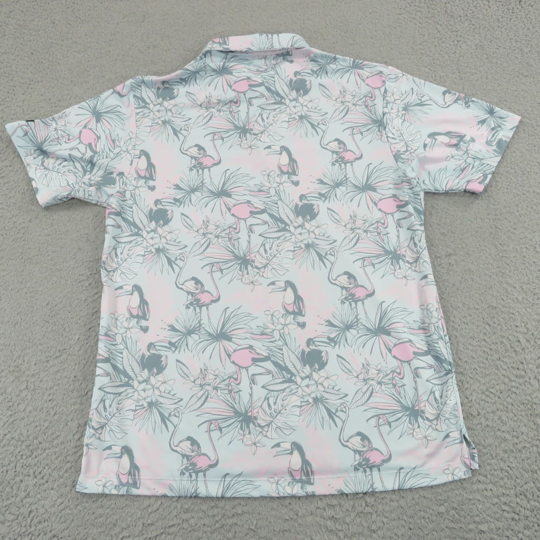 Vintage Bad Birdie Polo Mens Large Pink Mint Tropical Flamingo AOP Floral Performance Polo Shirt Mens Garden Tropical Size US L / EU 52-54 / 3 - 5 Thumbnail