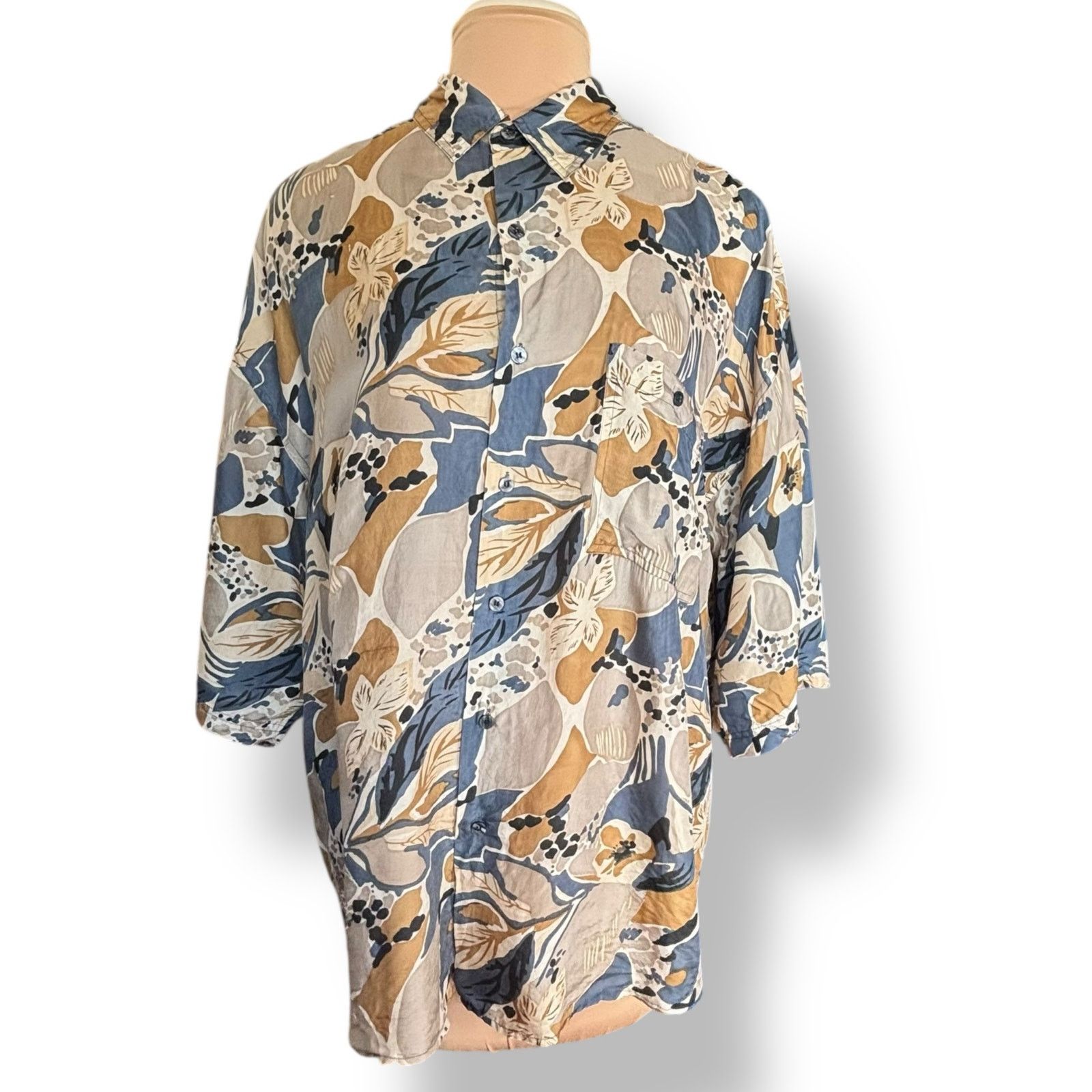 Vintage Vintage 90s Bruno B Abstract Tan Floral Silk Shirt XL Size US XL / EU 56 / 4 - 8 Thumbnail