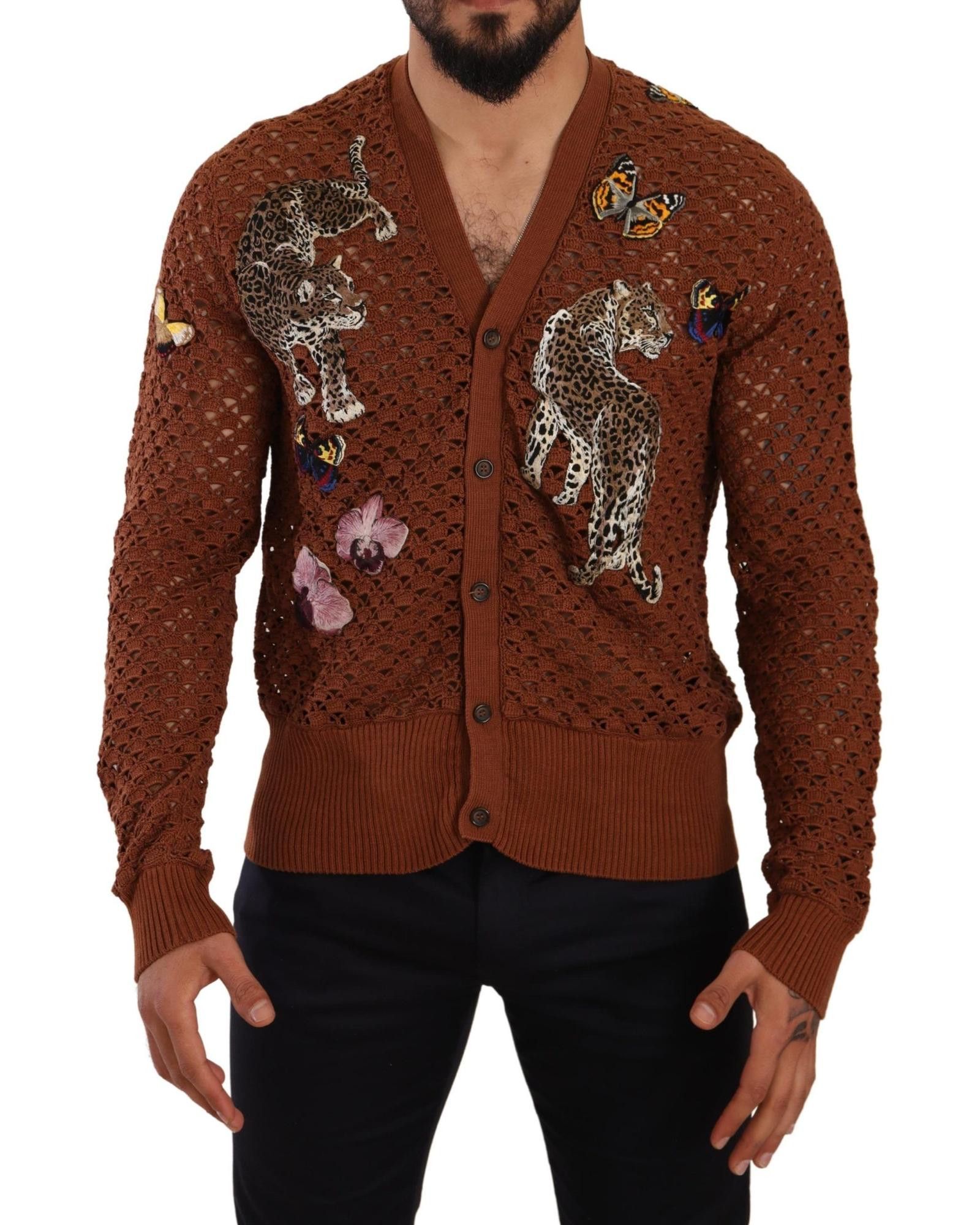 image of Dolce Gabbana Embroidered Cotton Cardigan With Multicolor Detail in Brown, Men's (Size XL)