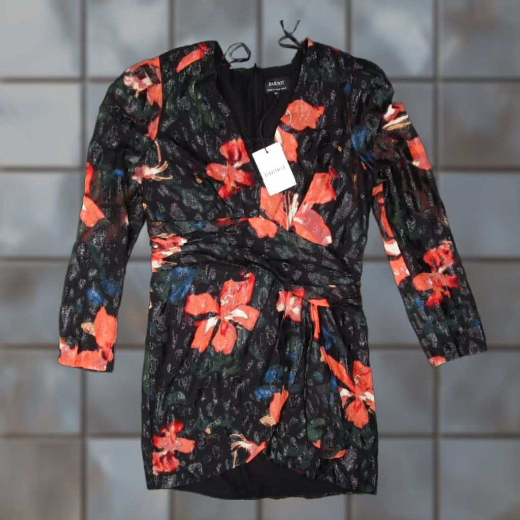 Vintage Bardot Dress Women 12 Extra Large Black Leopard Floral Long Sleeve Minidress Size XL / US 12-14 / IT 48-50 - 1 Thumbnail