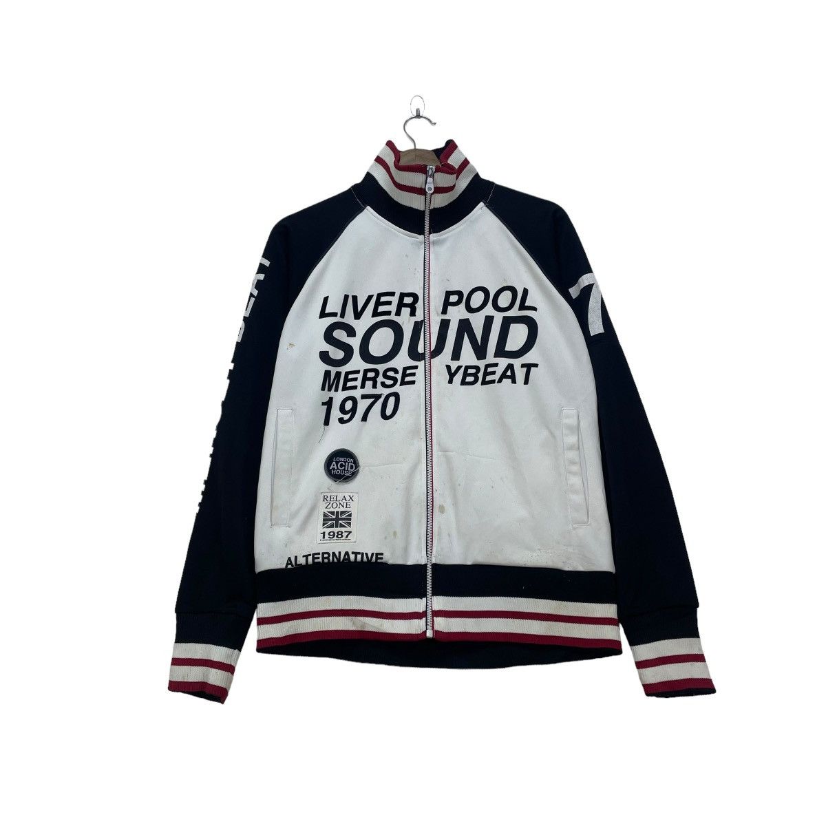 image of Soccer Jersey x Vintage Liverpool Sound Mersey Beat Raglan Tracktop Jacket in Black (Size Medium)