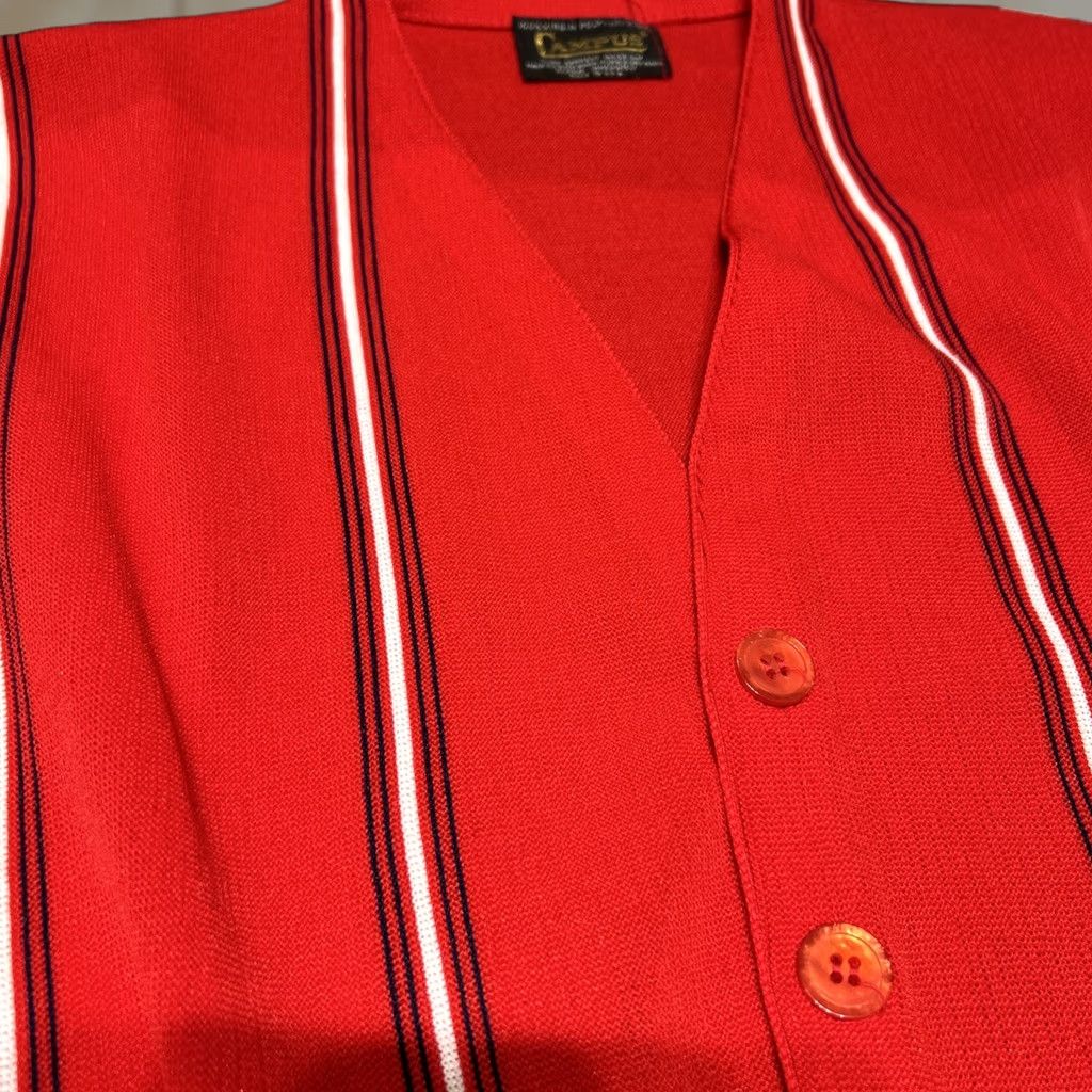 Vintage VINTAGE Campus Cardigan Medium Red Poly 100% Virgin Poly Dark Academia Cobain Preppy Oxford Mens Size US M / EU 48-50 / 2 - 1 Thumbnail