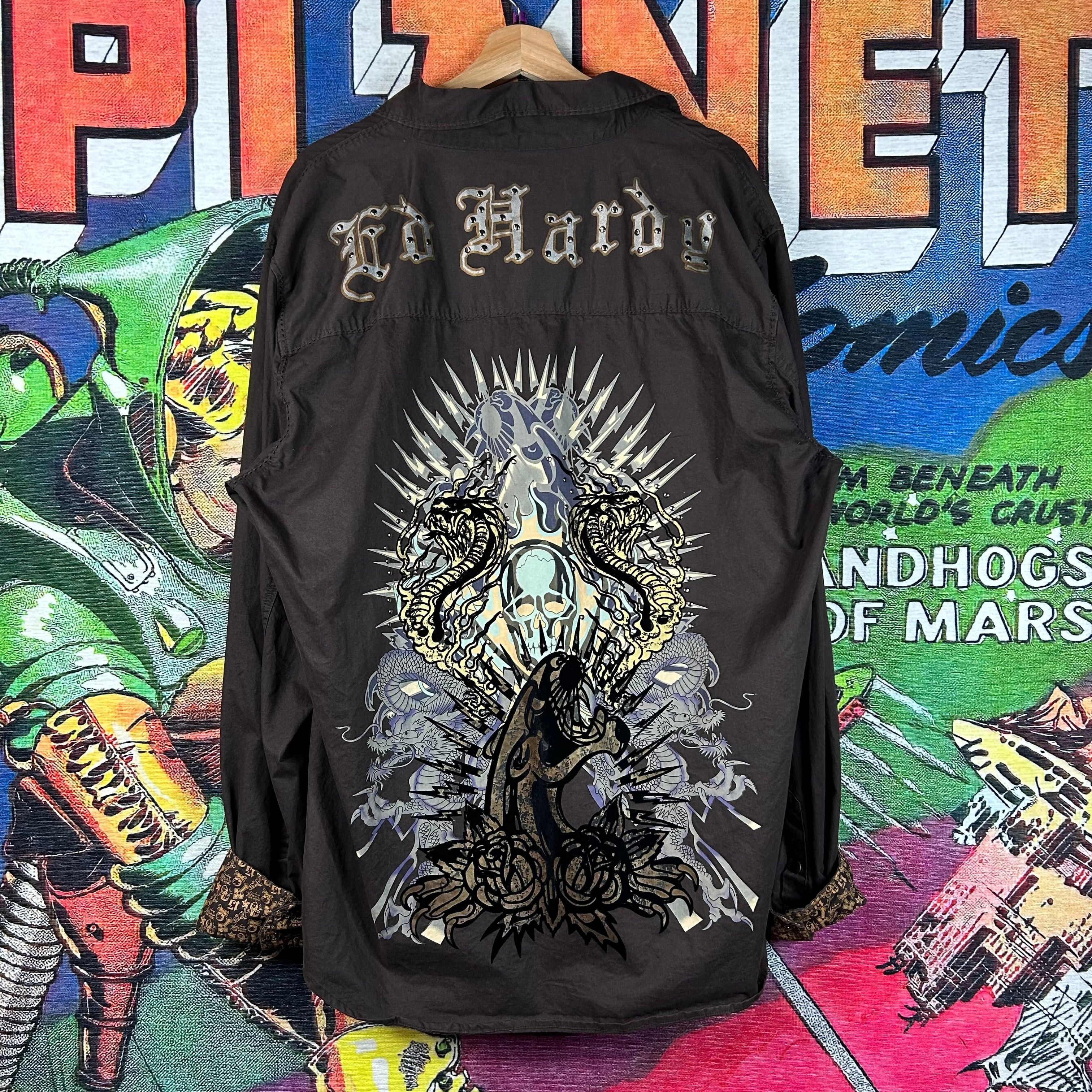 Ed Hardy × Vintage Ed Hardy Christian Audigier Brown Pearl Snap Shirt Size 2XL Size US XXL / EU 58 / 5 - 1 Thumbnail