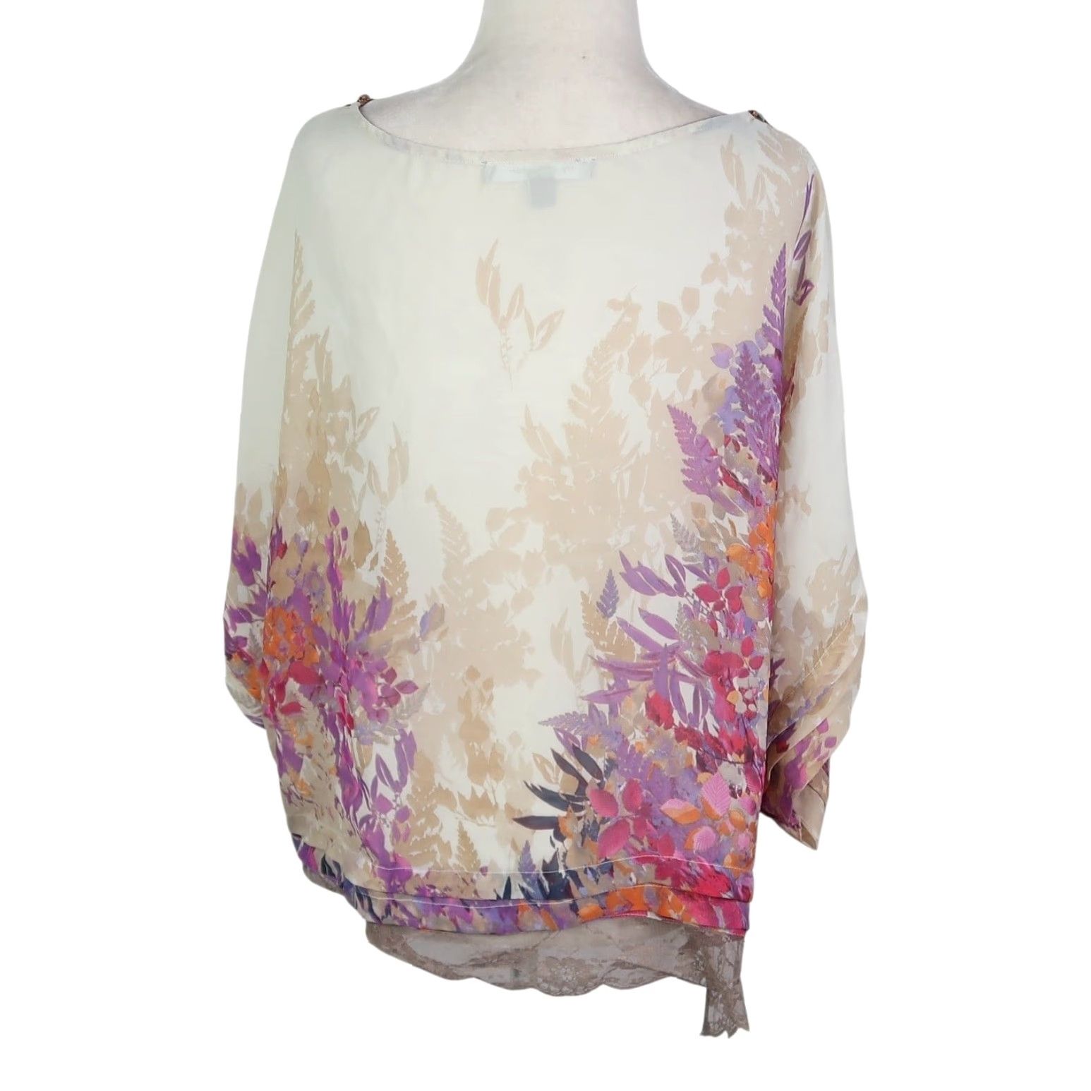 Vintage VINTAGE NY Collection Batwing Top Dolman Sleeve Beaded Rhinestone Jewel Trim Cream Floral L Size L / US 10 / IT 46 - 4 Thumbnail