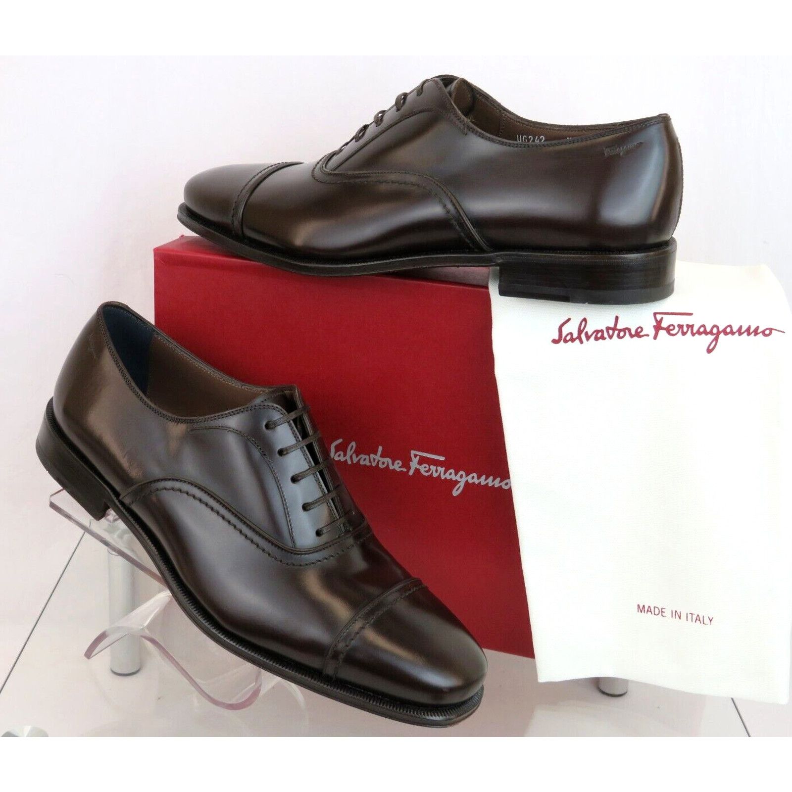 image of Salvatore Ferragamo Seul Dark Brown Polished Leather Cap Toe Logo Oxfords 12 D Shoes, Men's