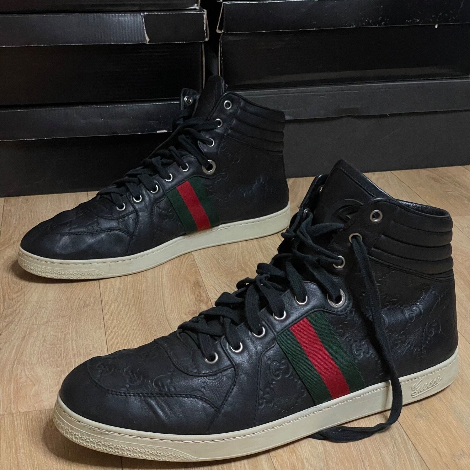 Gucci GUCCI Sneakers GG Web Dapper Black Leather High Top Monogram Size US 12 / EU 45 - 1 Thumbnail