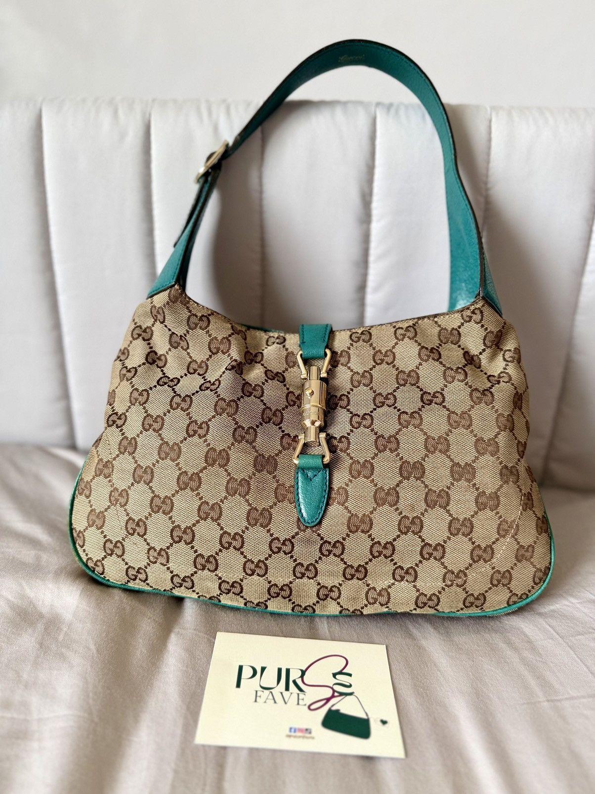 Gucci Authentic GUCCI Jackie 1961 Beige Canvas x Teal Hobo Bag Size ONE SIZE - 21 Thumbnail