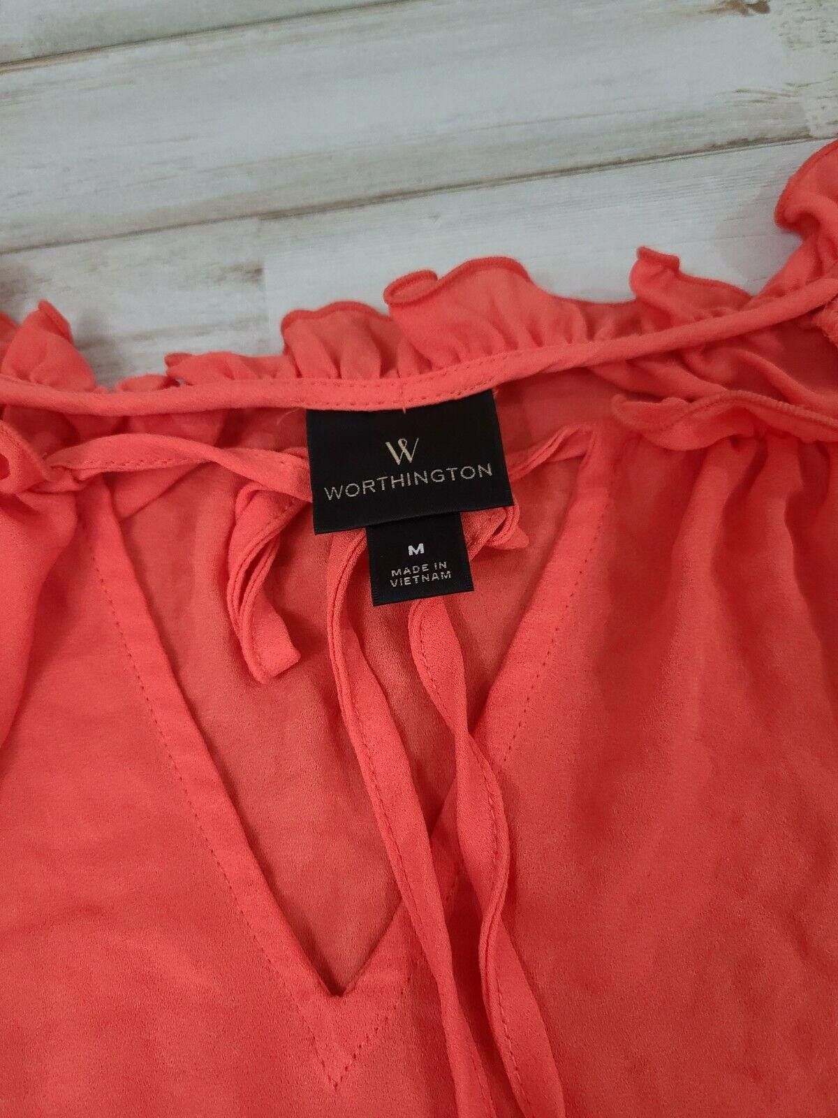 Designer Worthington Blouse Medium Coral V Neck Cap Sleeve Ruffle Size M / US 6-8 / IT 42-44 - 2 Thumbnail