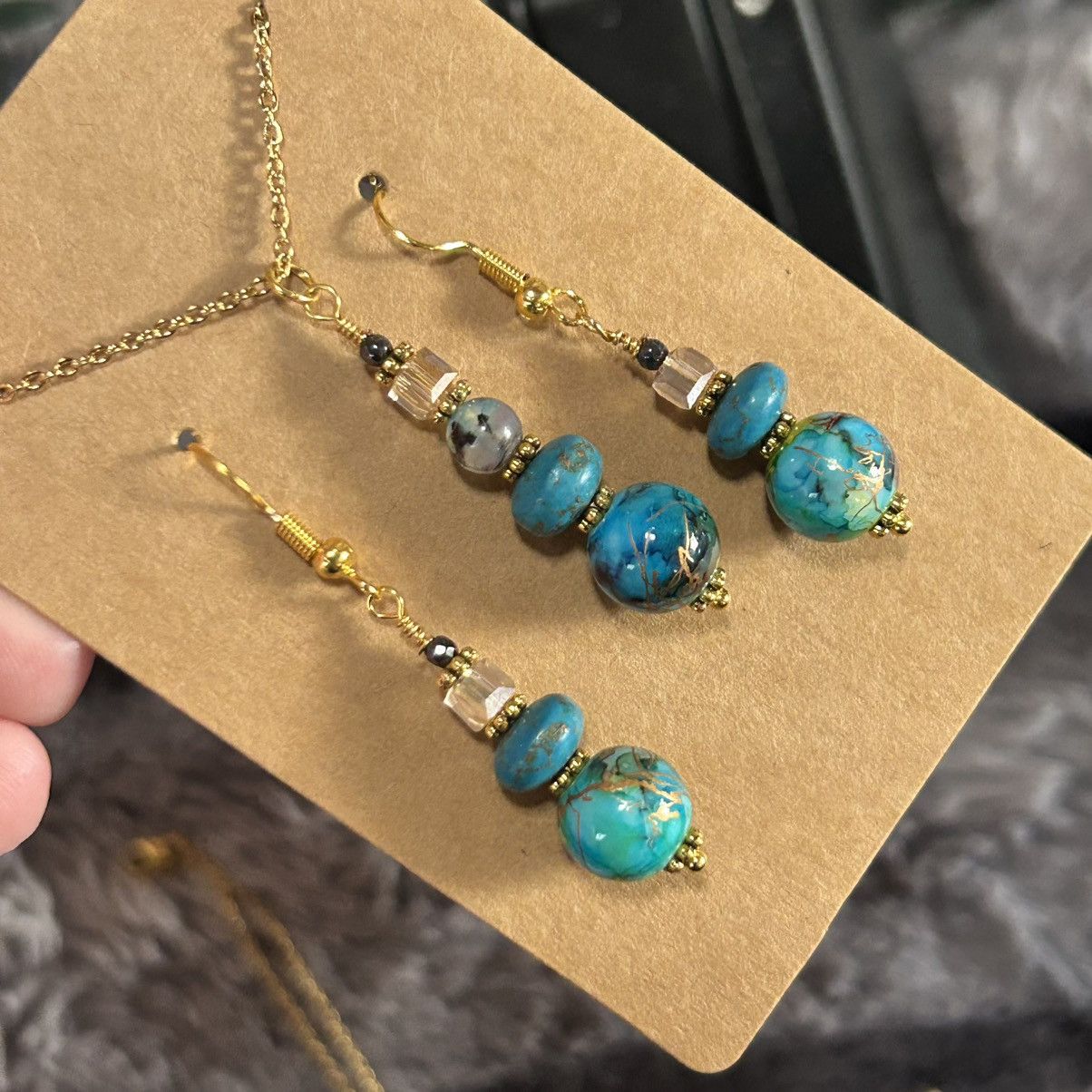 Handmade Handcrafted art glass dragon vein turquoise crystal set Size ONE SIZE - 1 Thumbnail