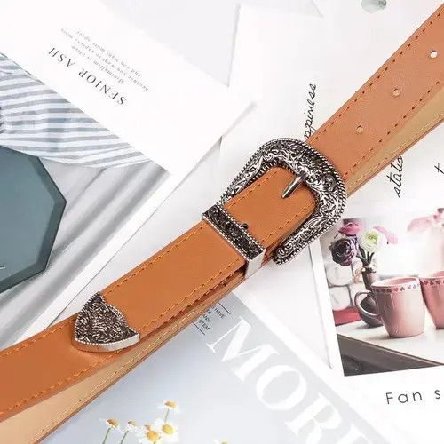 Genuine Leather × Vintage Women Light Brown Retro Pin Buckle Belt Vintage Carved Belt Size ONE SIZE - 2 Thumbnail