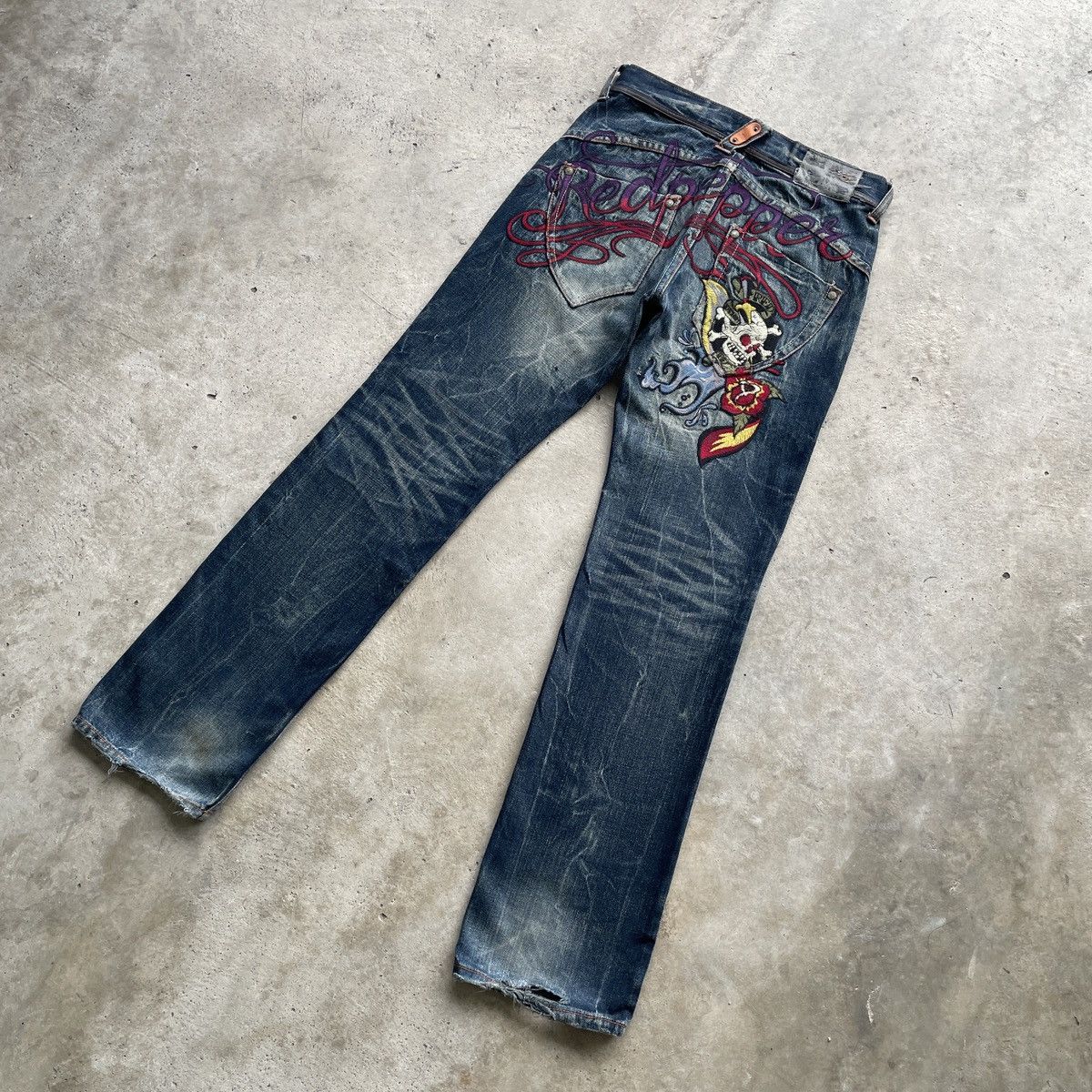 Japanese Brand W31💥 Red Pepper Japan Embroided Skull Rusty Jeans Pants RARE Size US 31 - 15 Thumbnail