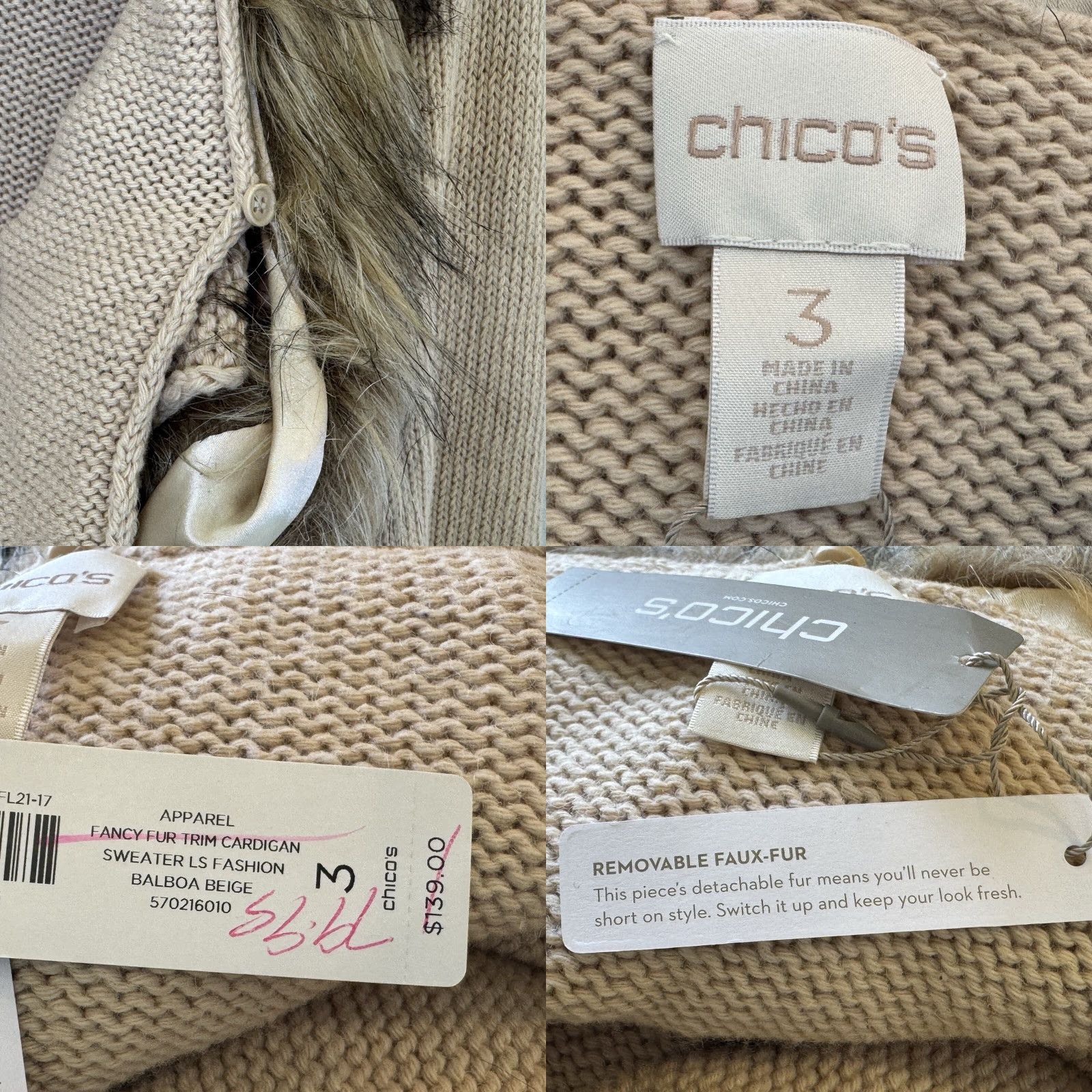 Vintage Chico's Cardigan Sweater Size 3 Tan Removable Faux Fur Collar Ruffle Trim Long Sleeve NWT Women Mens? Size XS / US 0-2 / IT 36-38 - 8 Thumbnail