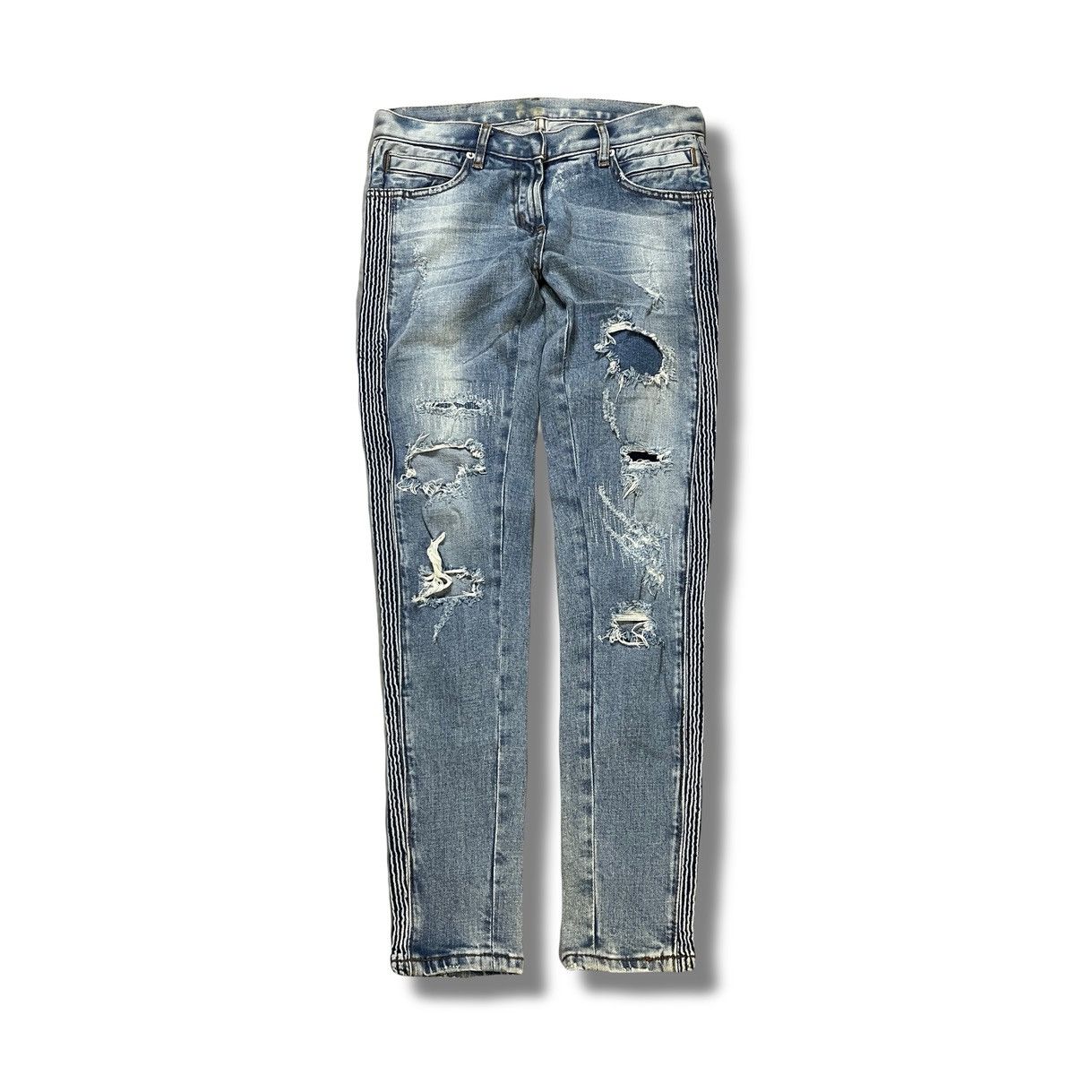 Japanese Brand 2000s Balmain - Destroyed Denim Side Stripe Detail Luxury Size US 27 - 1 Thumbnail