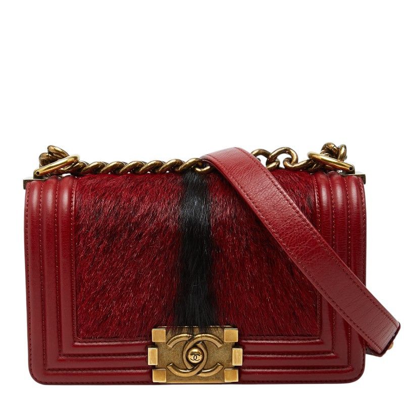Chanel Chanel Boy Chanel Leather Rabbit Fur Chain Shoulder Bag Shoulder Bag 86427 Duty Free For Usa in Red, Women's