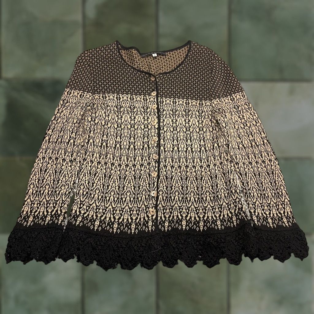 Peruvian Connection Cardigan Women's Size S Beige Black 100% Cotton Pima Crochet Knit Sweater