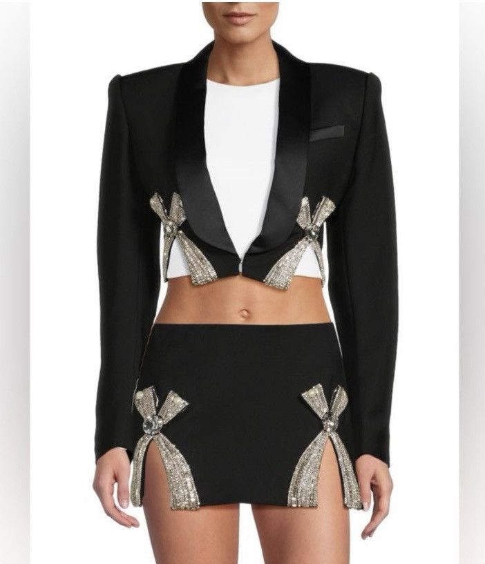 AREA Embellished Bow Cutout Cropped Blazer
