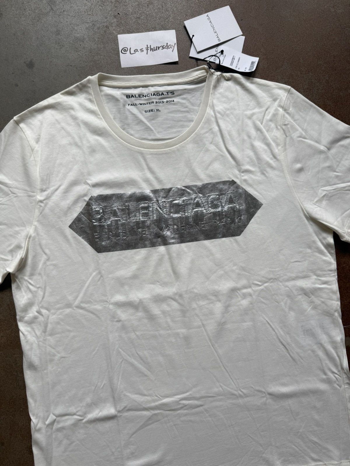 Balenciaga Balenciaga FW13 Silver Tape Logo Tee White XL Size US XL / EU 56 / 4 - 1 Thumbnail