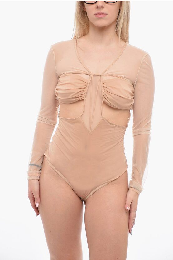 image of Nensi Dojaka Silk Bodysuit With See-Through Inserts And Cut-Out Details in Beige, Women's (Size Sma