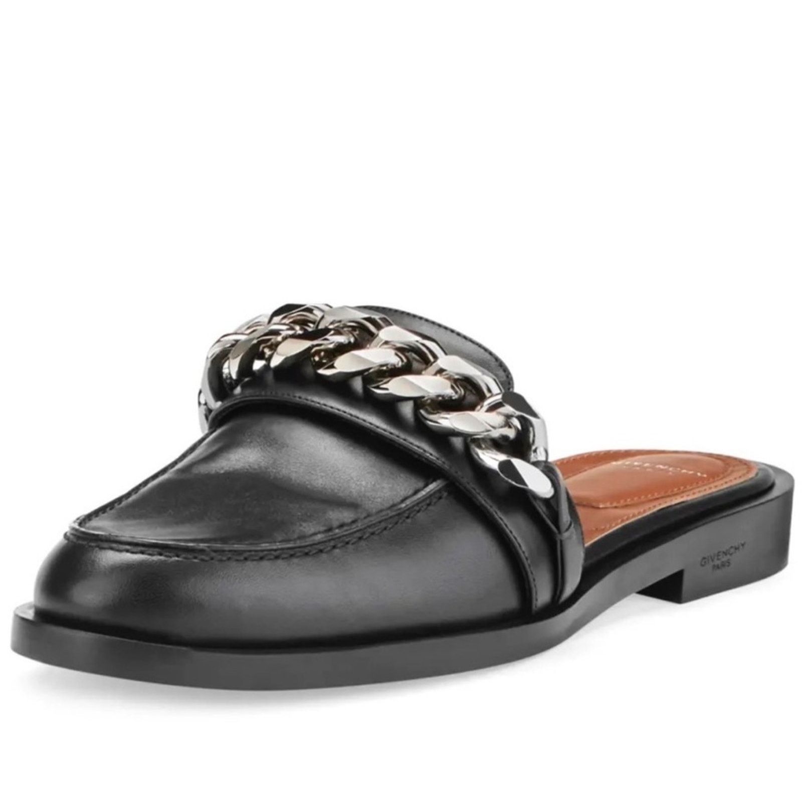 Givenchy GIVENCHY Leather Chain-Link Accents Mules Noir Black 37 Size US 7 / IT 37 - 1 Thumbnail