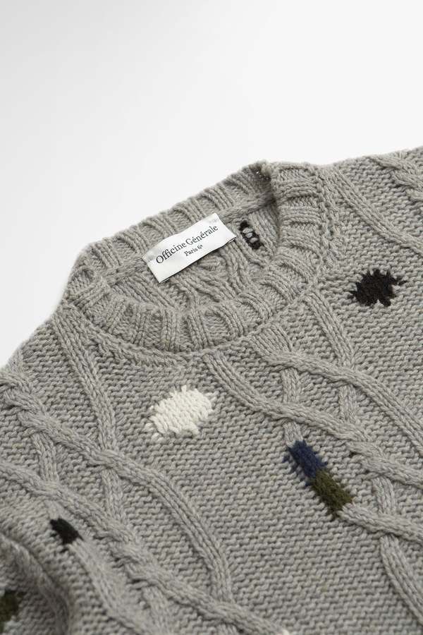 Officine Generale o1mle1025 Marco Cable Knit Intarsia Sweater in Gray Size US L / EU 52-54 / 3 - 2 Thumbnail