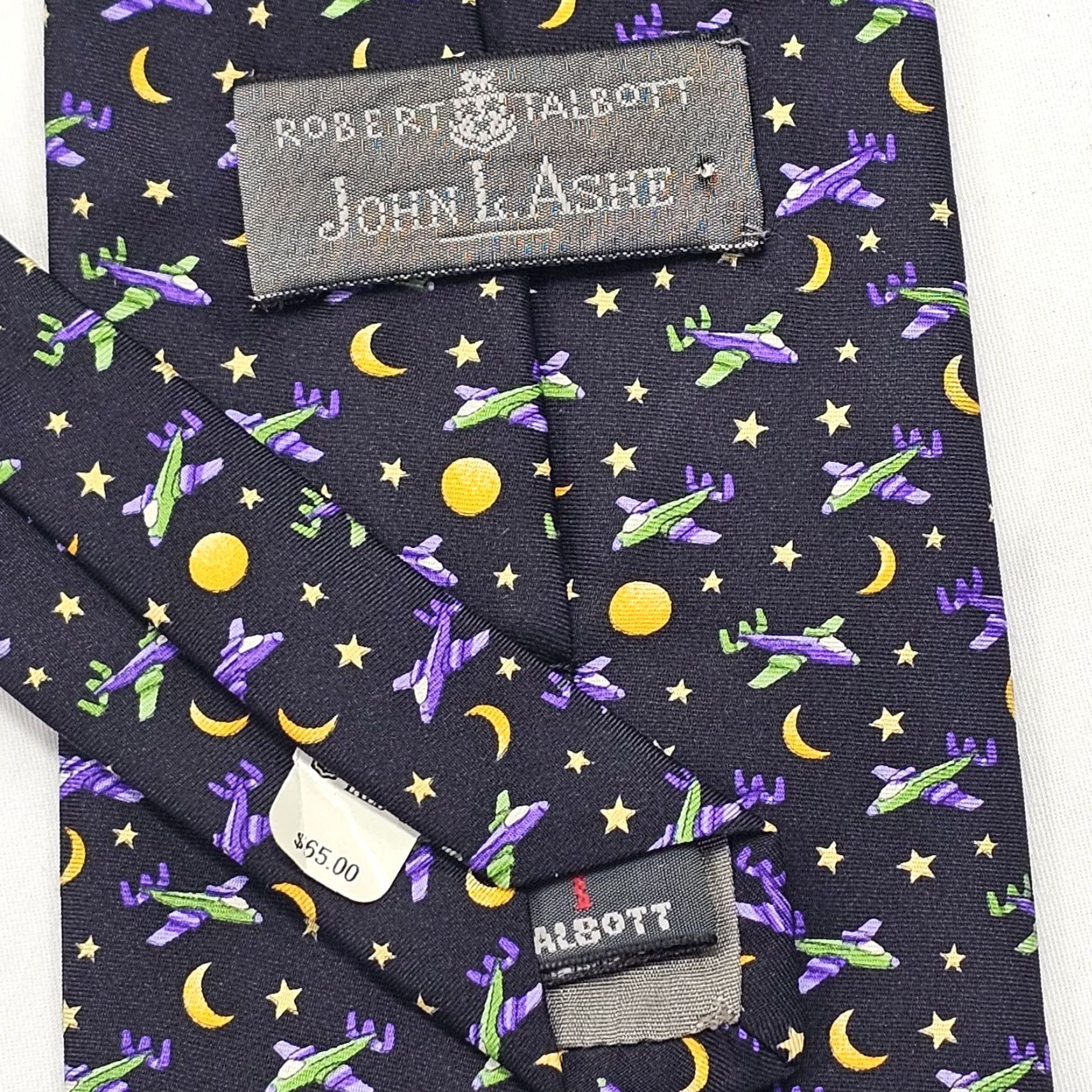 Robert Talbott Robert Talbott Silk Necktie Men's Airplane Black Purple Green Gold Moon Stars 58" X 4" Multicolor Night Sky Abstract Aerospace Designer Tie Mens Size ONE SIZE - 6 Thumbnail