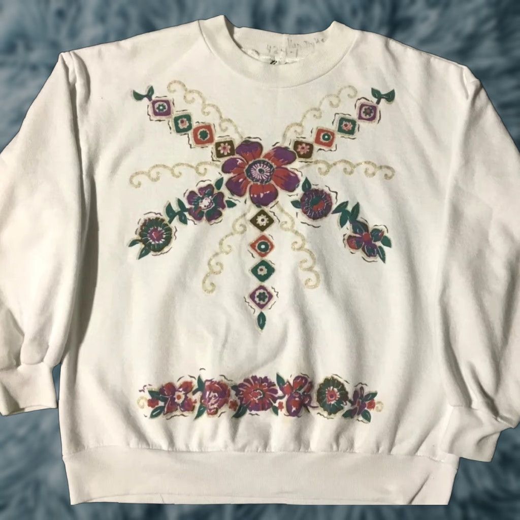 Vintage VINTAGE 90s Flowers Sweatshirt L White Womens Rachie Pullover Outdoor Hiking Grunge Vaporwave Art USA 80s 90s Floral Size L / US 10 / IT 46 - 1 Thumbnail