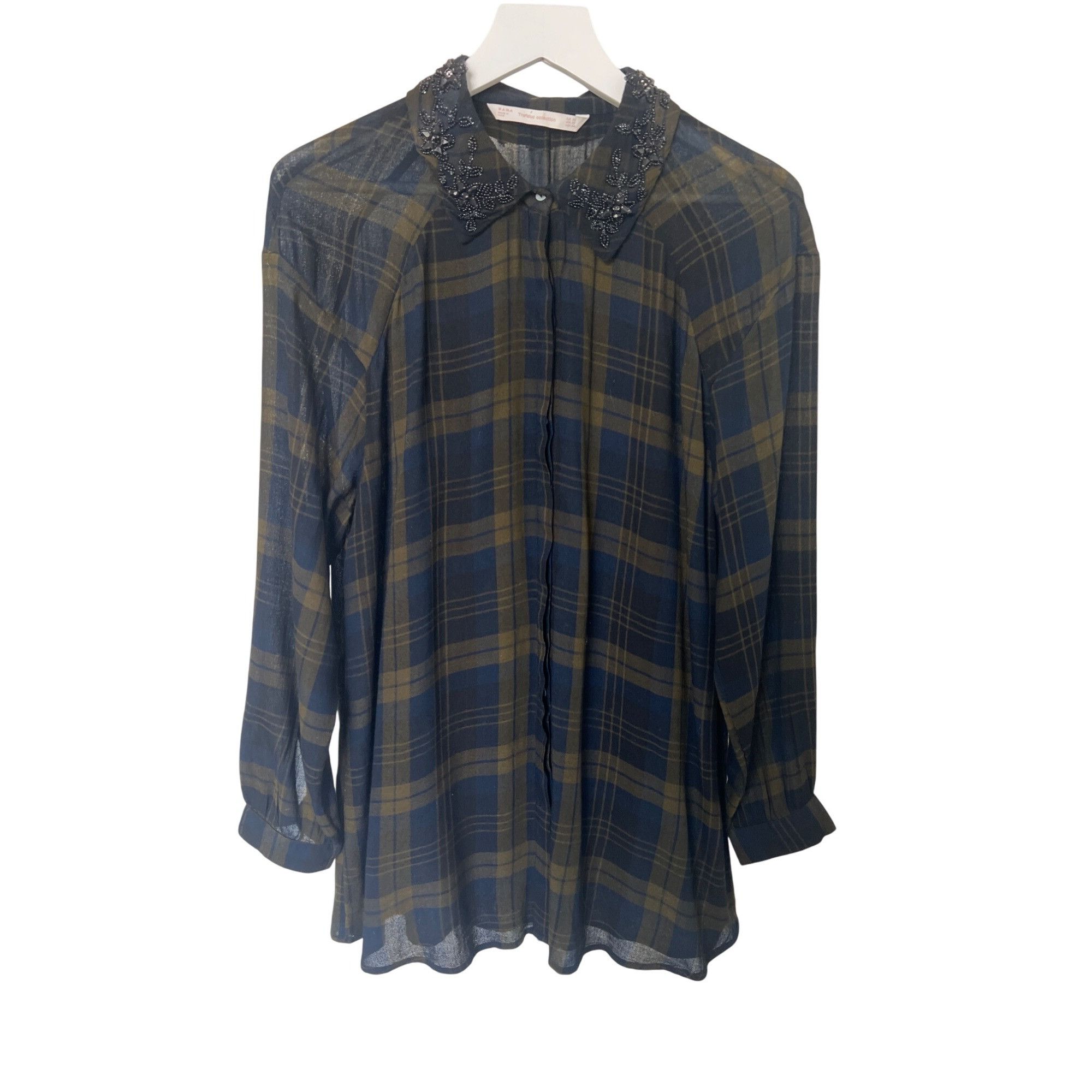 Zara Zara Trafaluc Plaid Sheer Collar Blouse With Beaded Embellis Size XS / US 0-2 / IT 36-38 - 1 Thumbnail