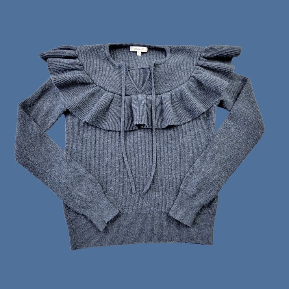 Madewell Madewell Sweater Womens XS Blue Ruffled Tie-Front Pullover Merino Wool Size XS / US 0-2 / IT 36-38 - 1 Thumbnail