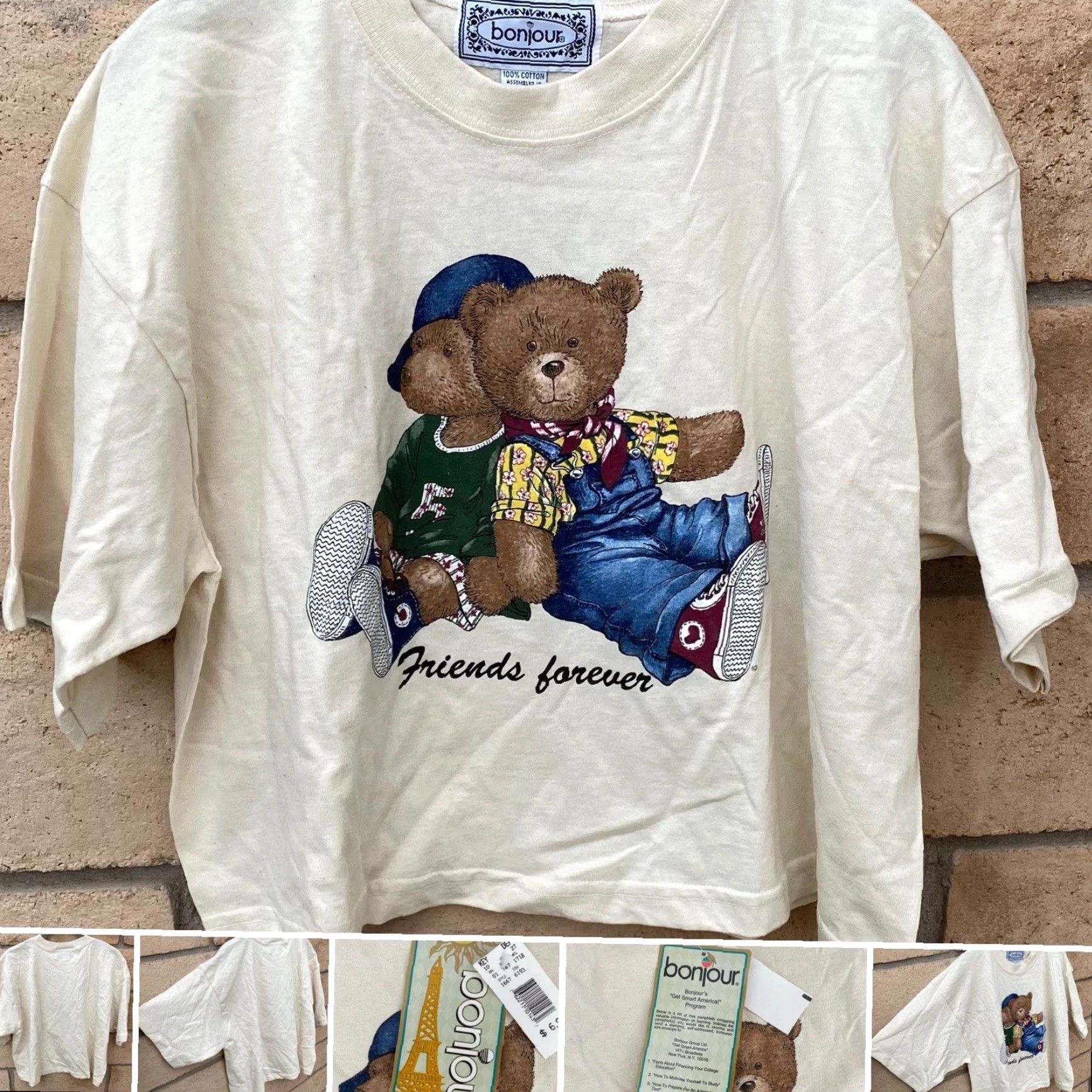 Vintage VINTAGE Bonjour Teddy Bear Friends Forever One Size Crop Top T Shirt Half Shirt Shirt One Size Ivory Graphic 1990s Mens Womens Girls Boys Size ONE SIZE - 2 Thumbnail