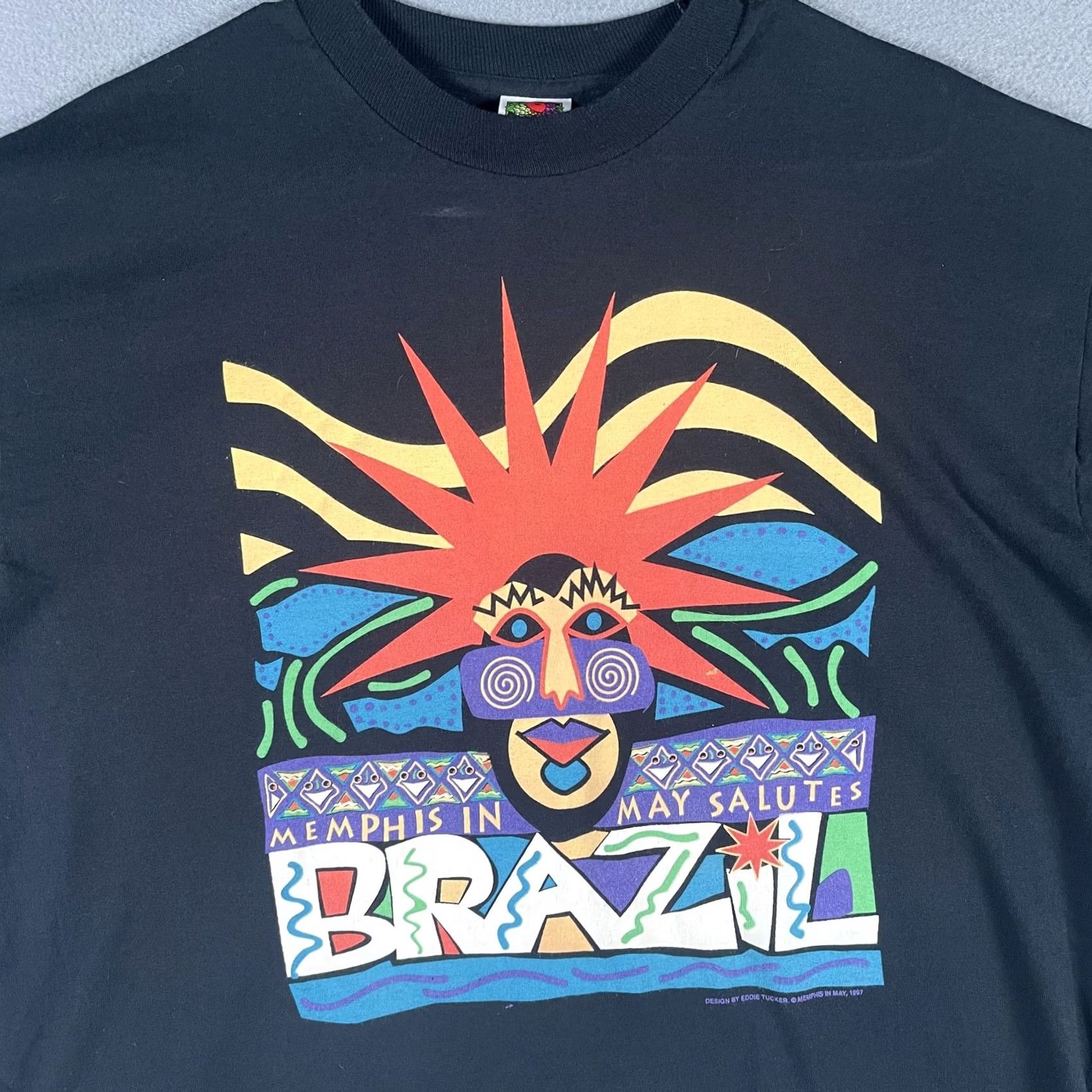 Fruit Of The Loom VINTAGE Memphis In May Brazil Shirt Mens XL 1997 Festival Art Graphic Tee 90s Size US XL / EU 56 / 4 - 3 Thumbnail