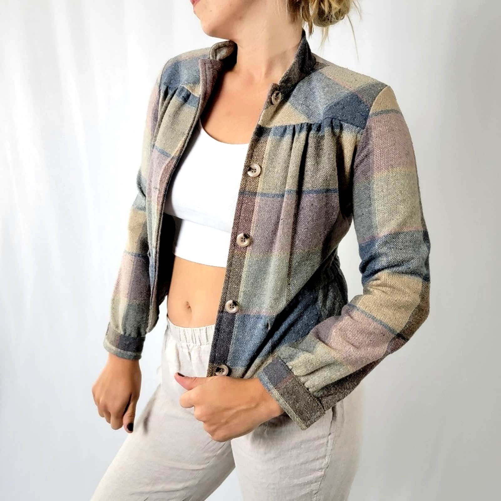 Vintage Vintage 80's Cottage Prairie Wool Pastel Plaid Jacket Size M / US 6-8 / IT 42-44 - 1 Thumbnail