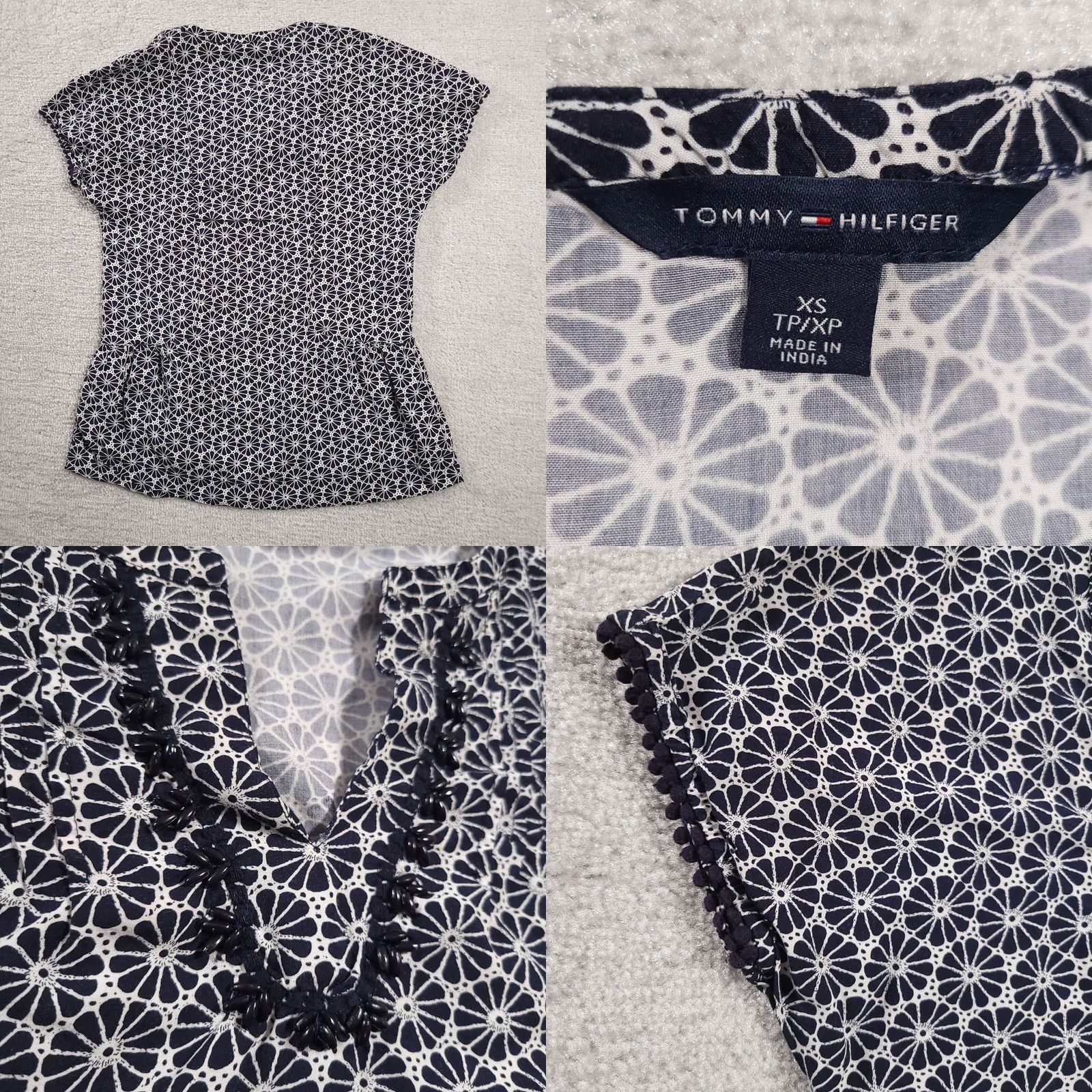 Tommy Hilfiger Tommy Hilfiger Top Womens Size XS Navy White V-Neckline Short Sleeve Floral Bead Size XS / US 0-2 / IT 36-38 - 8 Thumbnail