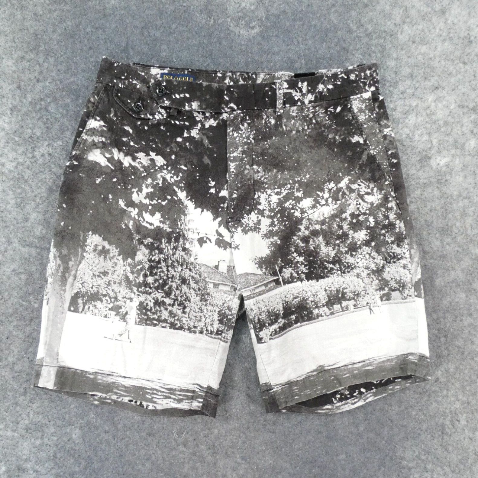 image of Polo Golf Ralph Laurent Shorts Mens 32 Chino Black White Golf Lawn Scene All Over