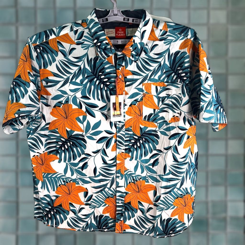Vintage Free Planet Hawaiian Floral Button-Up Shirt Mens 4XL Teal/Orange Casual Summer Size US XXL / EU 58 / 5 - 1 Thumbnail