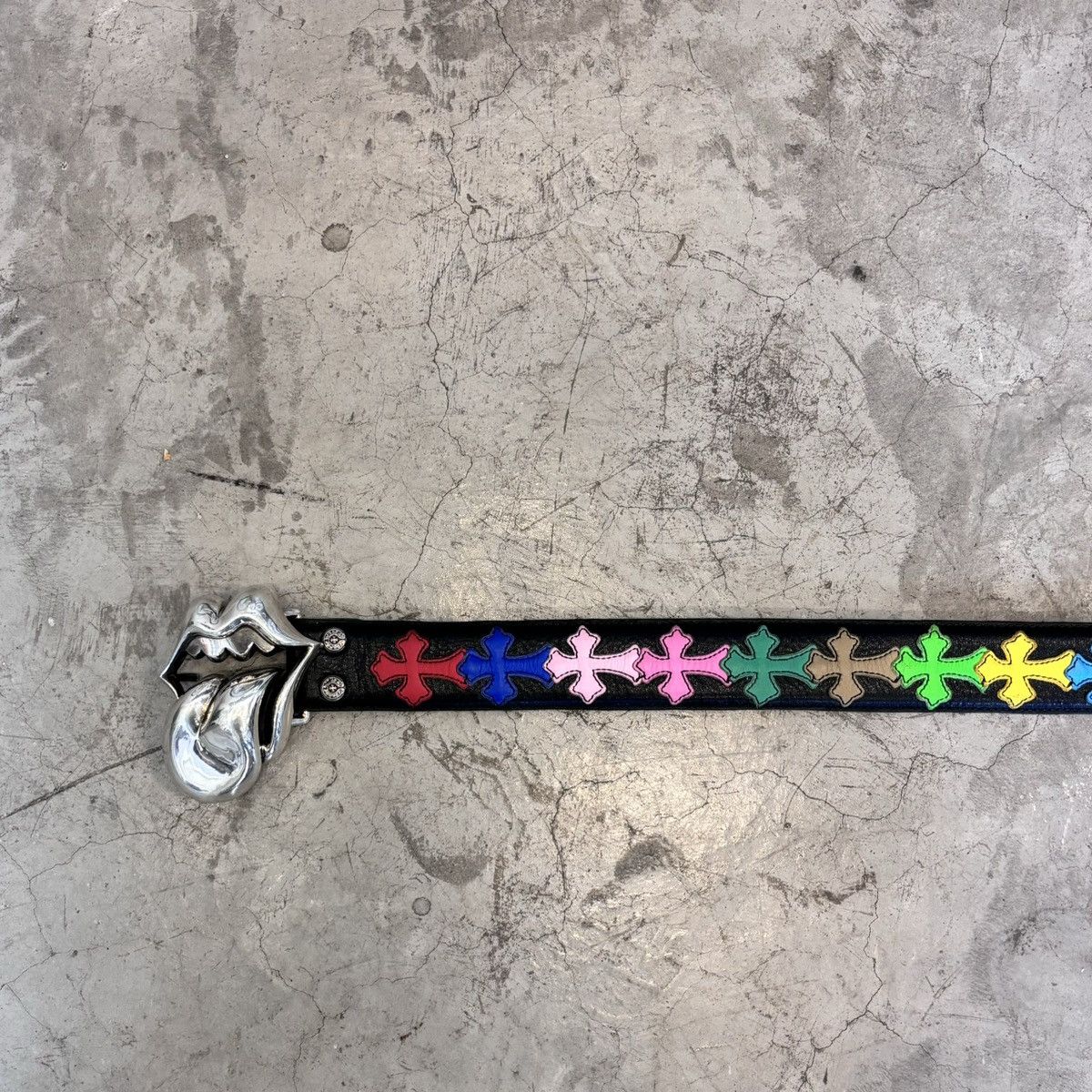 Pre-owned Chrome Hearts Rolling Stones Multi Color Cross Patches Belt In Black