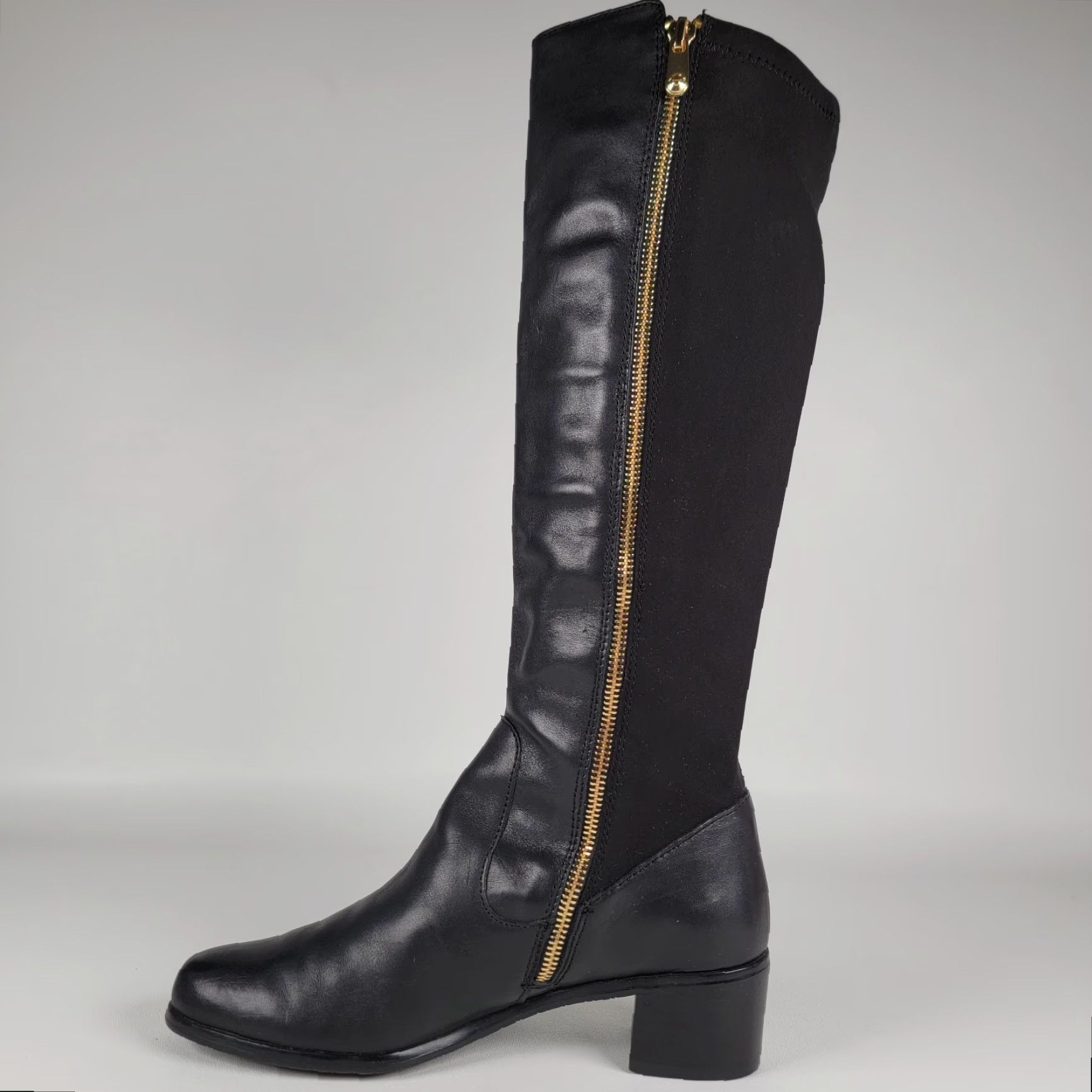 Vintage Tahari Kyle Black Leather Knee-High Boots 8M Zipper Stretch Leather Block Heel Riding Boot Women Footwear Casual Workwear City Tall Size US 8 / IT 38 - 5 Thumbnail